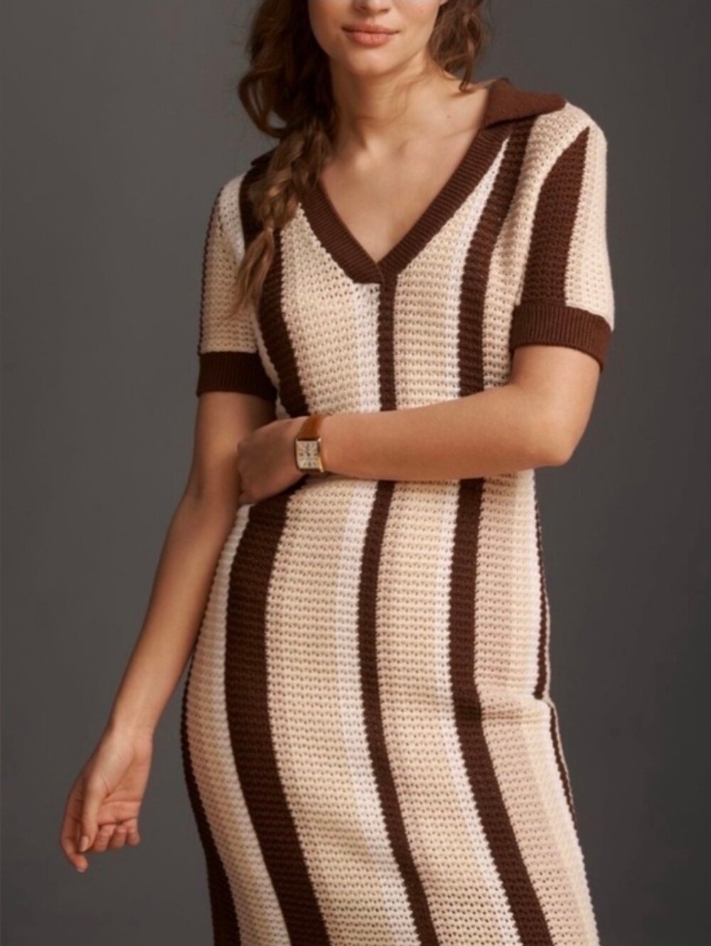 Anthropologie Cream and Brown Striped Knit Midi Dress